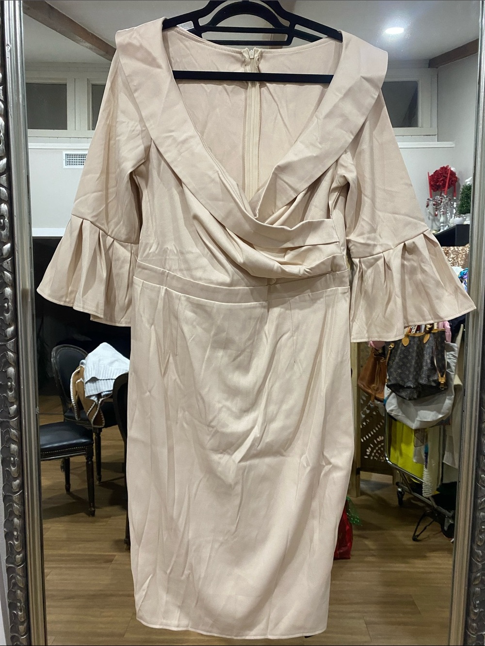 SHEIN Cream Draped V-Neck Midi Dress with Ruffle Bell Sleeves